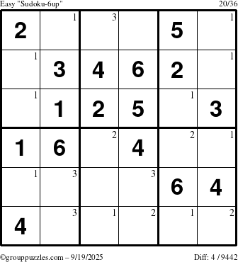 The grouppuzzles.com Easy Sudoku-6up puzzle for Friday September 19, 2025 with the first 3 steps marked
