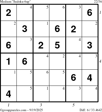 The grouppuzzles.com Medium Sudoku-6up puzzle for Friday September 19, 2025, suitable for printing, with all 6 steps marked