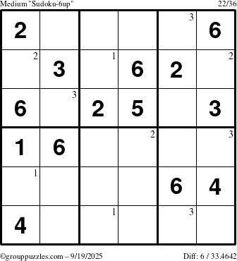 The grouppuzzles.com Medium Sudoku-6up puzzle for Friday September 19, 2025 with the first 3 steps marked