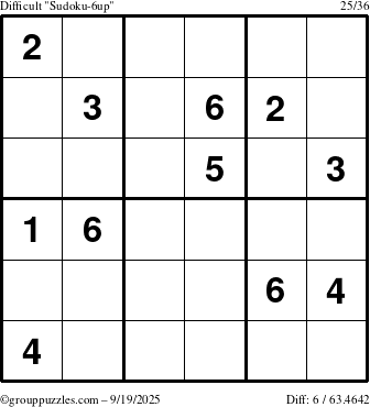 The grouppuzzles.com Difficult Sudoku-6up puzzle for Friday September 19, 2025