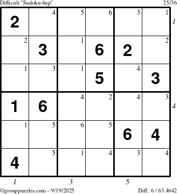 The grouppuzzles.com Difficult Sudoku-6up puzzle for Friday September 19, 2025, suitable for printing, with all 6 steps marked