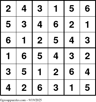 The grouppuzzles.com Answer grid for the Sudoku-6up puzzle for Friday September 19, 2025