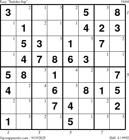The grouppuzzles.com Easy Sudoku-8up puzzle for Friday September 19, 2025, suitable for printing, with all 4 steps marked