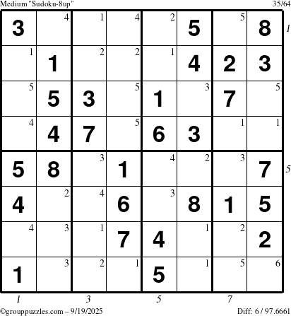 The grouppuzzles.com Medium Sudoku-8up puzzle for Friday September 19, 2025 with all 6 steps marked