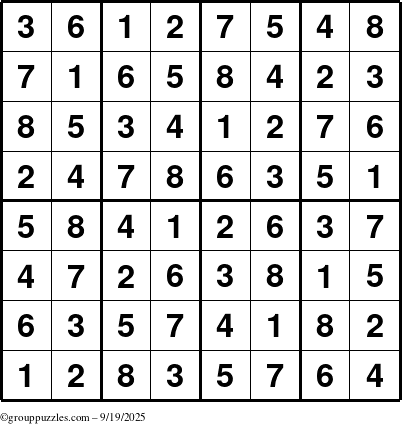 The grouppuzzles.com Answer grid for the Sudoku-8up puzzle for Friday September 19, 2025