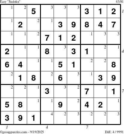 The grouppuzzles.com Easy Sudoku puzzle for Friday September 19, 2025 with all 4 steps marked