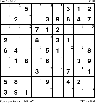 The grouppuzzles.com Easy Sudoku puzzle for Friday September 19, 2025 with the first 3 steps marked