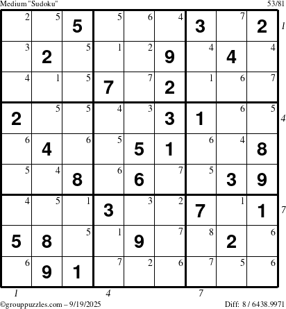 The grouppuzzles.com Medium Sudoku puzzle for Friday September 19, 2025, suitable for printing, with all 8 steps marked