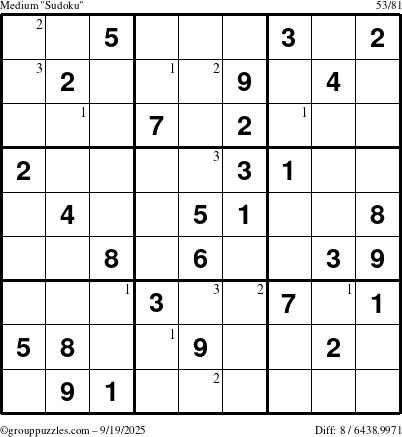 The grouppuzzles.com Medium Sudoku puzzle for Friday September 19, 2025 with the first 3 steps marked