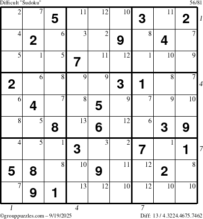 The grouppuzzles.com Difficult Sudoku puzzle for Friday September 19, 2025 with all 13 steps marked
