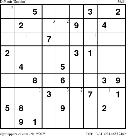 The grouppuzzles.com Difficult Sudoku puzzle for Friday September 19, 2025 with the first 3 steps marked