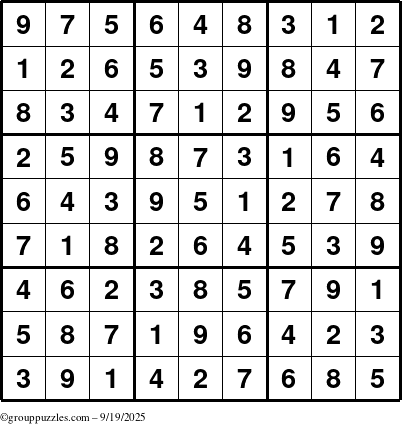 The grouppuzzles.com Answer grid for the Sudoku puzzle for Friday September 19, 2025