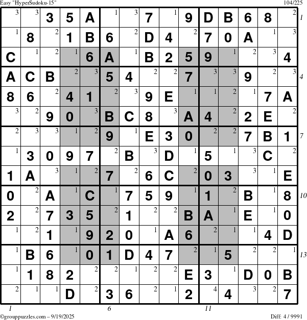 The grouppuzzles.com Easy HyperSudoku-15 puzzle for Friday September 19, 2025, suitable for printing, with all 4 steps marked