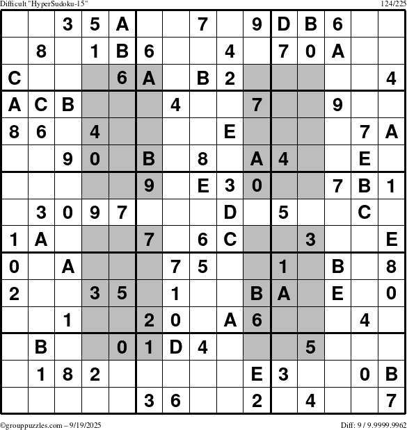 The grouppuzzles.com Difficult HyperSudoku-15 puzzle for Friday September 19, 2025