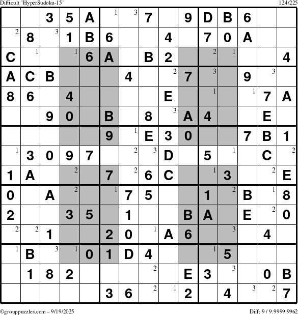 The grouppuzzles.com Difficult HyperSudoku-15 puzzle for Friday September 19, 2025 with the first 3 steps marked
