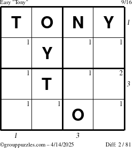 The grouppuzzles.com Easy Tony puzzle for Monday April 14, 2025 with all 2 steps marked