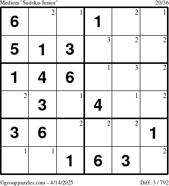 The grouppuzzles.com Medium Sudoku-Junior puzzle for Monday April 14, 2025 with the first 3 steps marked