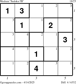 The grouppuzzles.com Medium Sudoku-5B puzzle for Monday April 14, 2025 with all 4 steps marked