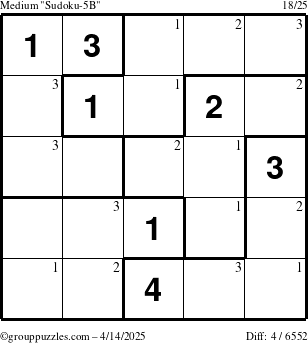 The grouppuzzles.com Medium Sudoku-5B puzzle for Monday April 14, 2025 with the first 3 steps marked
