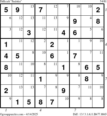 The grouppuzzles.com Difficult Sudoku puzzle for Monday April 14, 2025 with all 13 steps marked