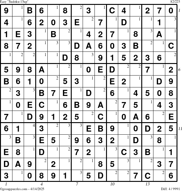 The grouppuzzles.com Easy Sudoku-15up puzzle for Monday April 14, 2025 with all 4 steps marked