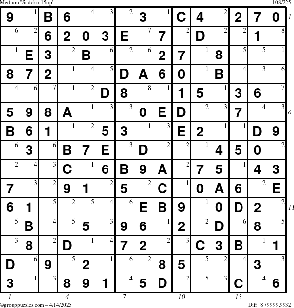 The grouppuzzles.com Medium Sudoku-15up puzzle for Monday April 14, 2025, suitable for printing, with all 8 steps marked