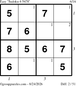 The grouppuzzles.com Easy Sudoku-4-5678 puzzle for Monday August 24, 2026 with all 2 steps marked