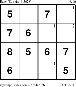 The grouppuzzles.com Easy Sudoku-4-5678 puzzle for Monday August 24, 2026 with the first 2 steps marked