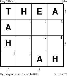 The grouppuzzles.com Easy Thea puzzle for Monday August 24, 2026 with all 2 steps marked