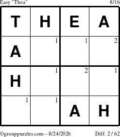 The grouppuzzles.com Easy Thea puzzle for Monday August 24, 2026 with the first 2 steps marked