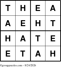 The grouppuzzles.com Answer grid for the Thea puzzle for Monday August 24, 2026