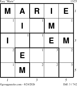 The grouppuzzles.com Easy Marie puzzle for Monday August 24, 2026 with all 3 steps marked