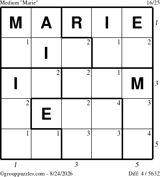 The grouppuzzles.com Medium Marie puzzle for Monday August 24, 2026 with all 4 steps marked