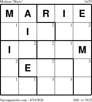 The grouppuzzles.com Medium Marie puzzle for Monday August 24, 2026 with the first 3 steps marked