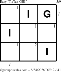 The grouppuzzles.com Easy TicTac-GHI puzzle for Monday August 24, 2026, suitable for printing, with all 2 steps marked