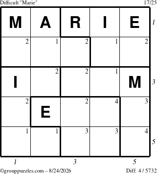 The grouppuzzles.com Difficult Marie puzzle for Monday August 24, 2026 with all 4 steps marked