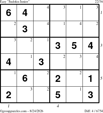 The grouppuzzles.com Easy Sudoku-Junior puzzle for Monday August 24, 2026 with all 4 steps marked