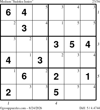 The grouppuzzles.com Medium Sudoku-Junior puzzle for Monday August 24, 2026, suitable for printing, with all 5 steps marked