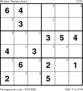 The grouppuzzles.com Medium Sudoku-Junior puzzle for Monday August 24, 2026 with the first 3 steps marked