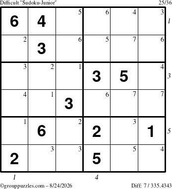 The grouppuzzles.com Difficult Sudoku-Junior puzzle for Monday August 24, 2026, suitable for printing, with all 7 steps marked
