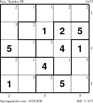 The grouppuzzles.com Easy Sudoku-5B puzzle for Monday August 24, 2026, suitable for printing, with all 3 steps marked