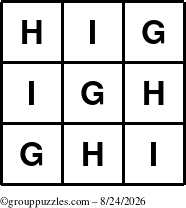 The grouppuzzles.com Answer grid for the TicTac-GHI puzzle for Monday August 24, 2026