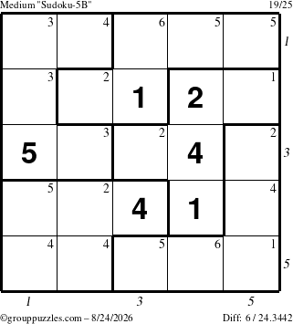 The grouppuzzles.com Medium Sudoku-5B puzzle for Monday August 24, 2026, suitable for printing, with all 6 steps marked