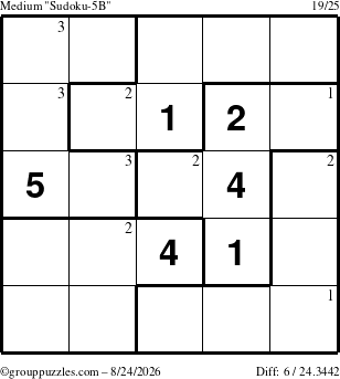 The grouppuzzles.com Medium Sudoku-5B puzzle for Monday August 24, 2026 with the first 3 steps marked