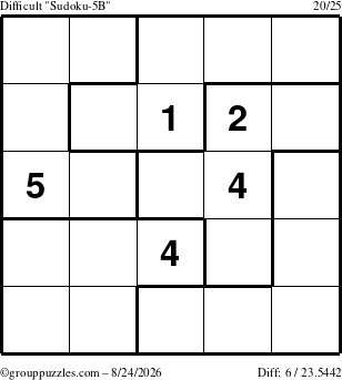The grouppuzzles.com Difficult Sudoku-5B puzzle for Monday August 24, 2026