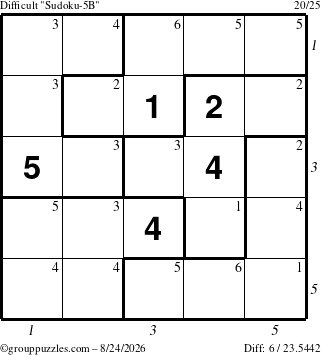 The grouppuzzles.com Difficult Sudoku-5B puzzle for Monday August 24, 2026 with all 6 steps marked
