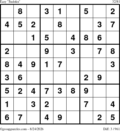 The grouppuzzles.com Easy Sudoku puzzle for Monday August 24, 2026