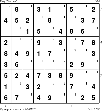 The grouppuzzles.com Easy Sudoku puzzle for Monday August 24, 2026 with all 3 steps marked
