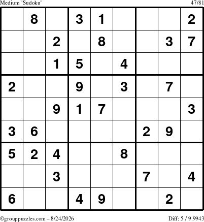 The grouppuzzles.com Medium Sudoku puzzle for Monday August 24, 2026