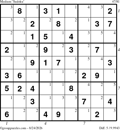 The grouppuzzles.com Medium Sudoku puzzle for Monday August 24, 2026 with all 5 steps marked